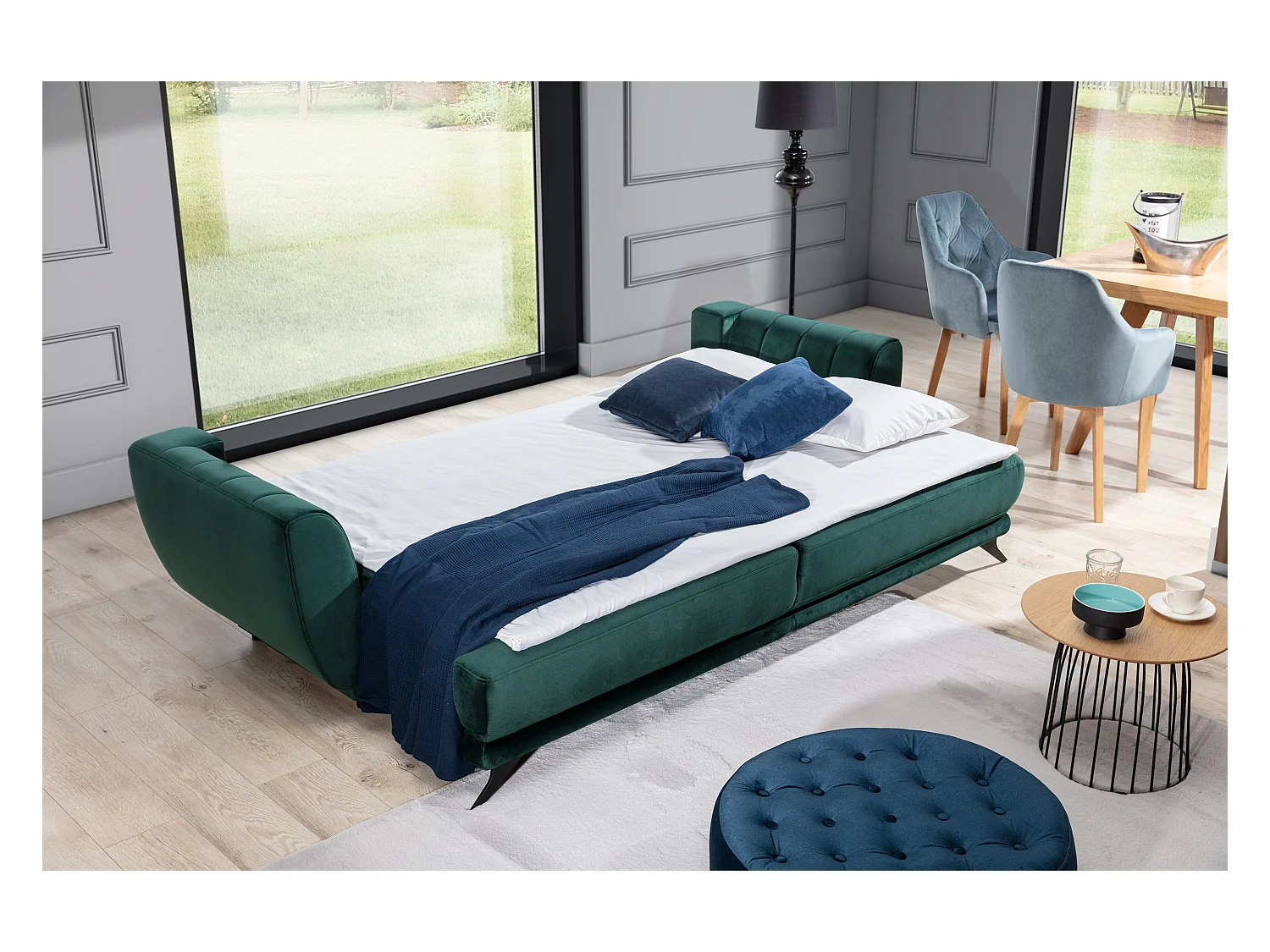 Canapé convertible en tissu MAGY - Design minimaliste avec pieds métal noir-Gris clair