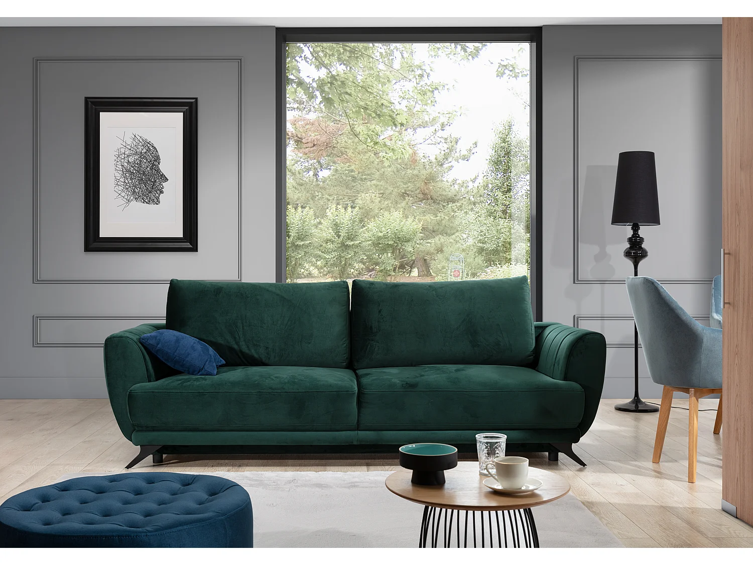 Canapé convertible en tissu MAGY - Design minimaliste avec pieds métal noir-Gris clair