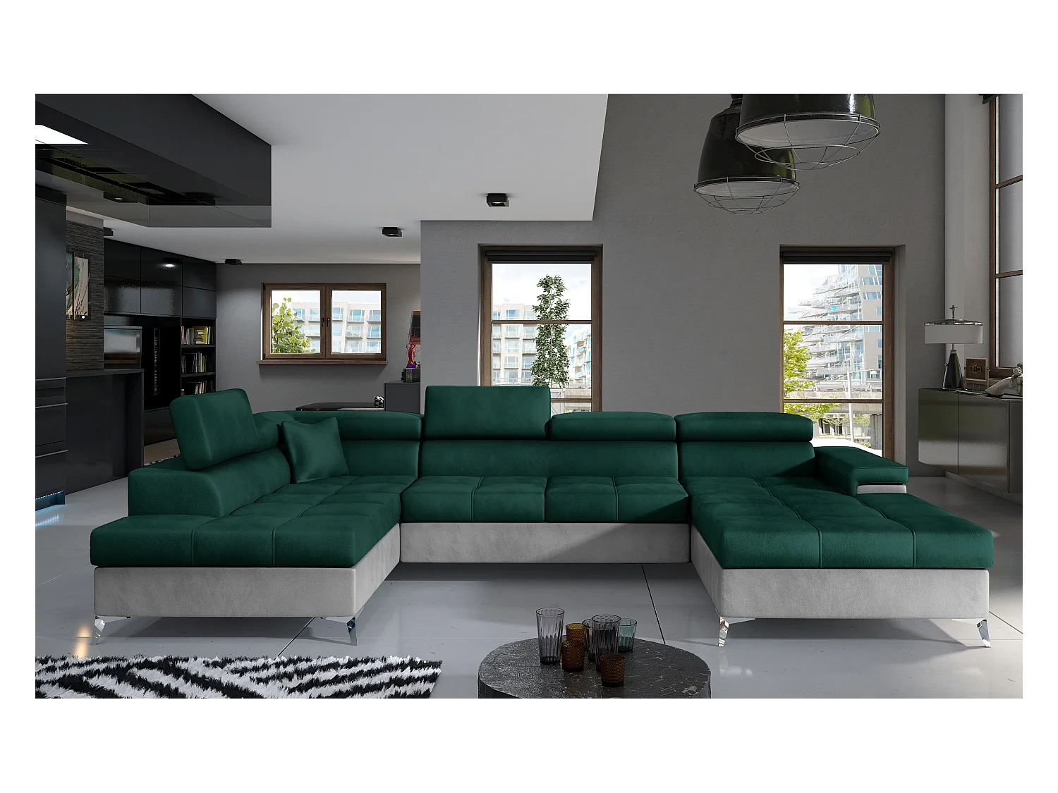 Canapé panoramique convertible KUTTY velours - Rangement et têtières réglables-Gris clair/Vert-Coffre à gauche