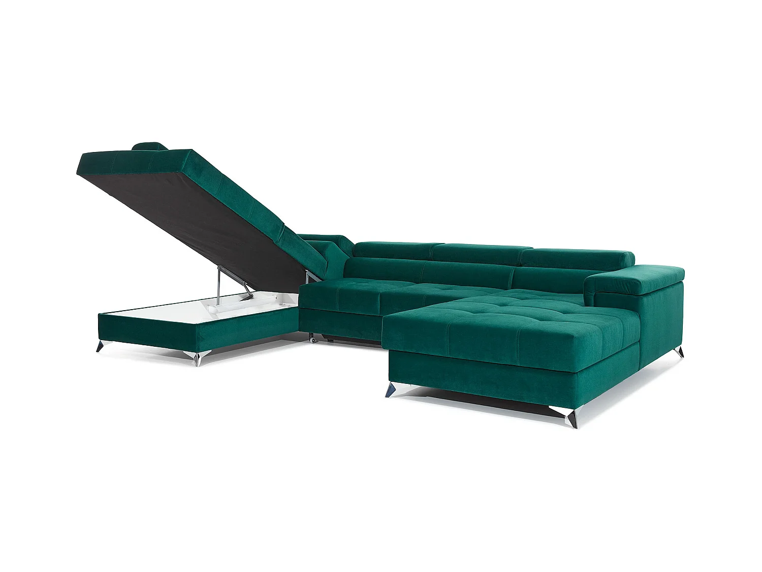 Canapé panoramique convertible KUTTY velours - Rangement et têtières réglables-Gris clair/Vert-Coffre à gauche