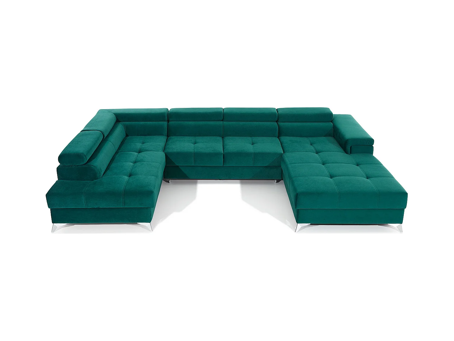 Canapé panoramique convertible KUTTY velours - Rangement et têtières réglables-Gris clair/Vert-Coffre à gauche