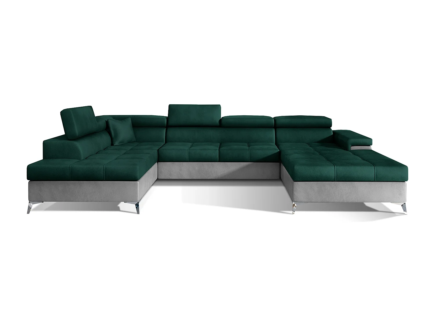 Canapé panoramique convertible KUTTY velours - Rangement et têtières réglables-Gris clair/Vert-Coffre à gauche