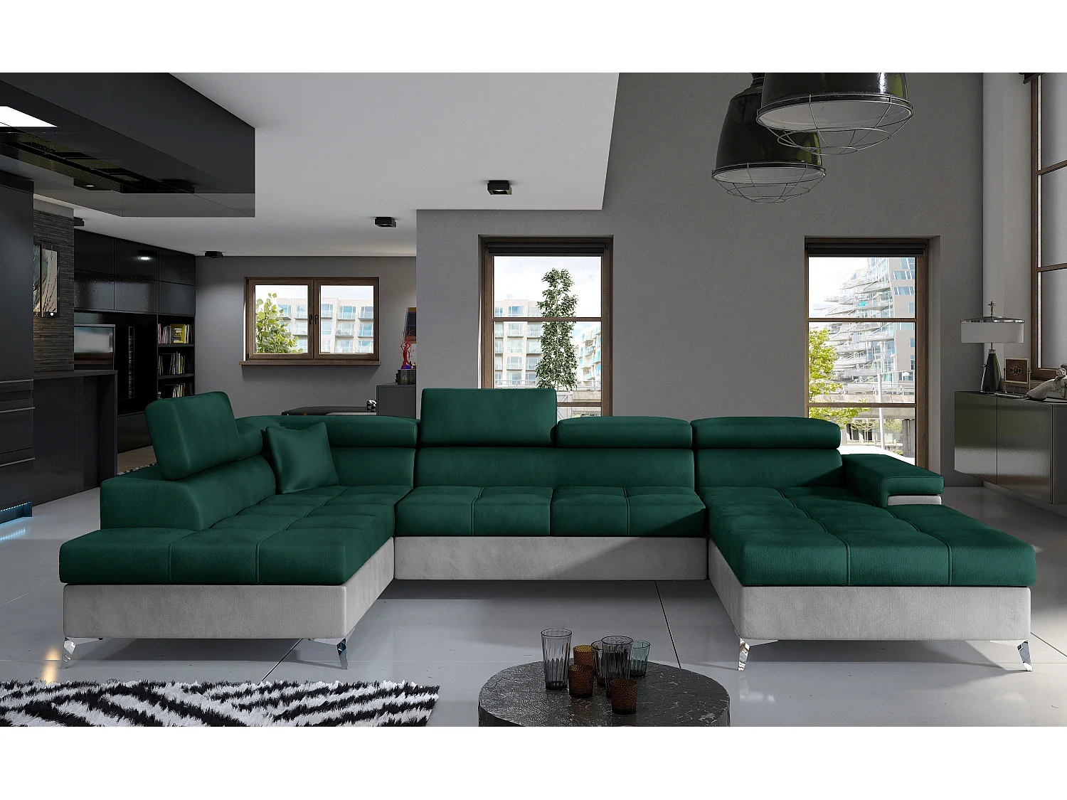 Canapé panoramique convertible KUTTY velours - Rangement et têtières réglables-Gris clair/Vert-Coffre à gauche