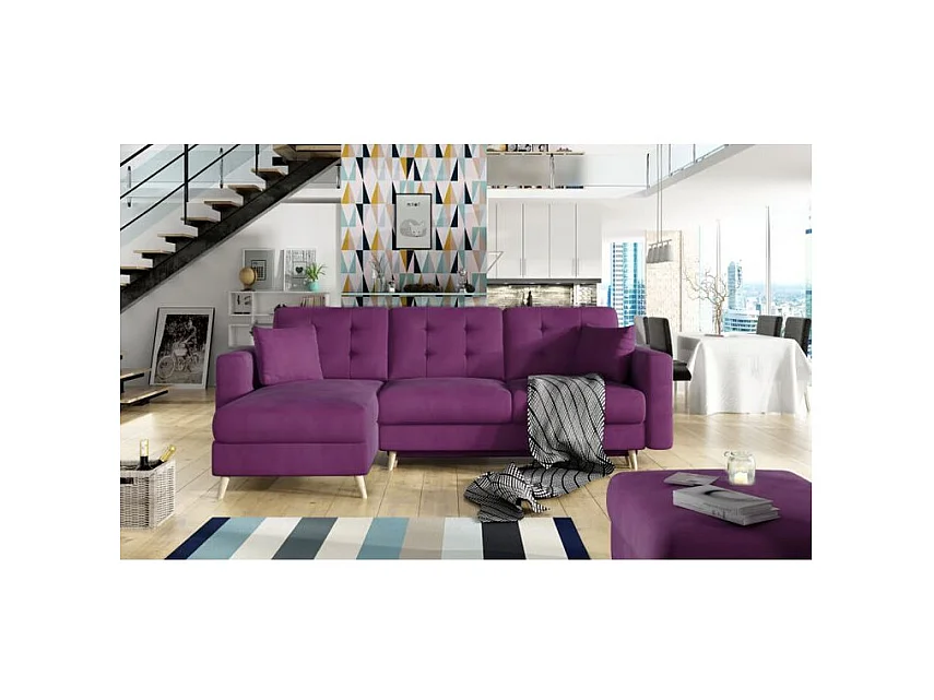 Canapé d'angle convertible et réversible velours ANSKA - Pieds bois naturel-Violet