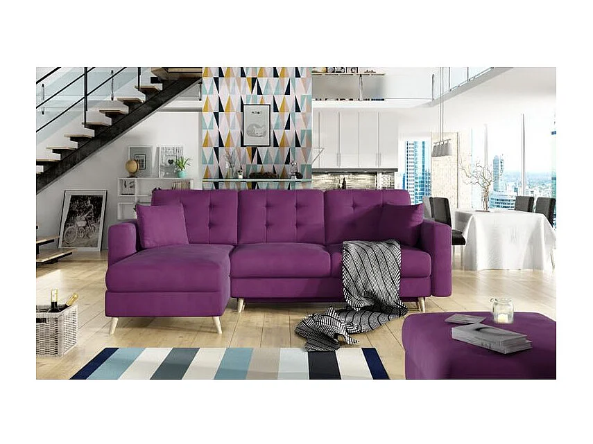 Canapé d'angle convertible et réversible velours ANSKA - Pieds bois naturel-Violet