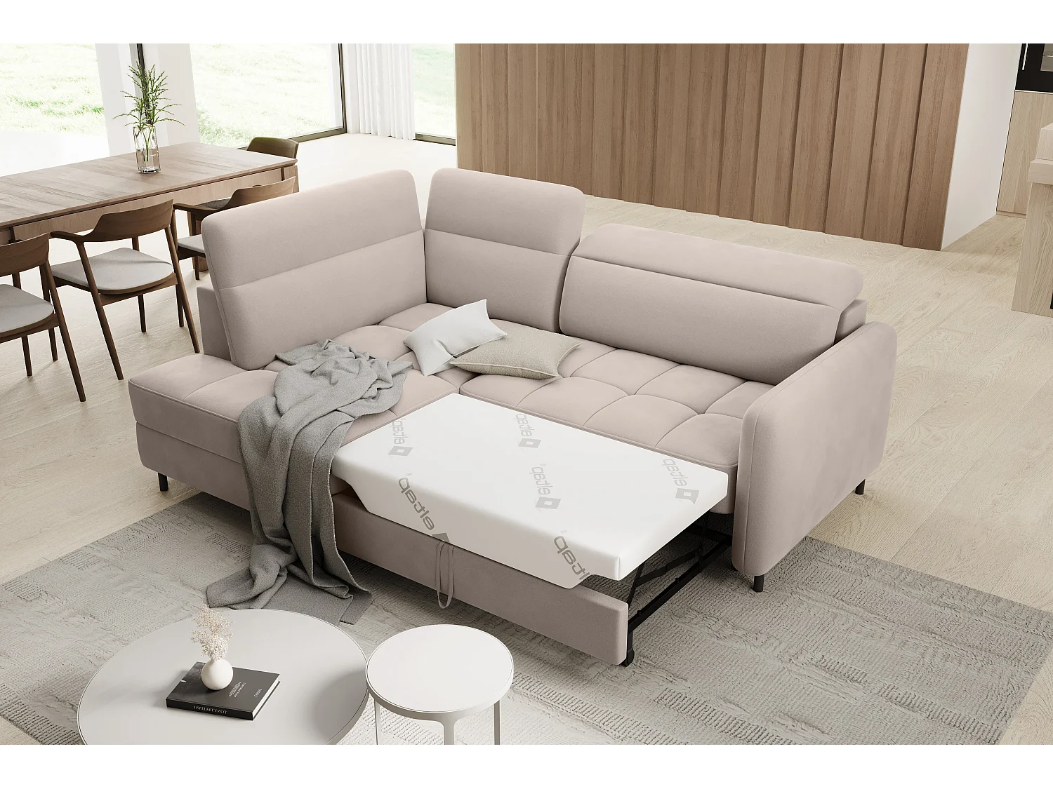 Petit canapé d'angle en tissu convertible avec coffre BOREA 208cm-Taupe-angle gauche