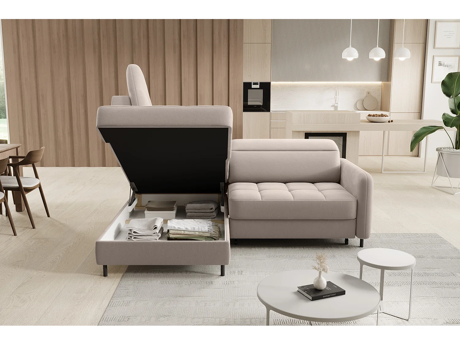 Petit canapé d'angle en tissu convertible avec coffre BOREA 208cm-Taupe-angle gauche