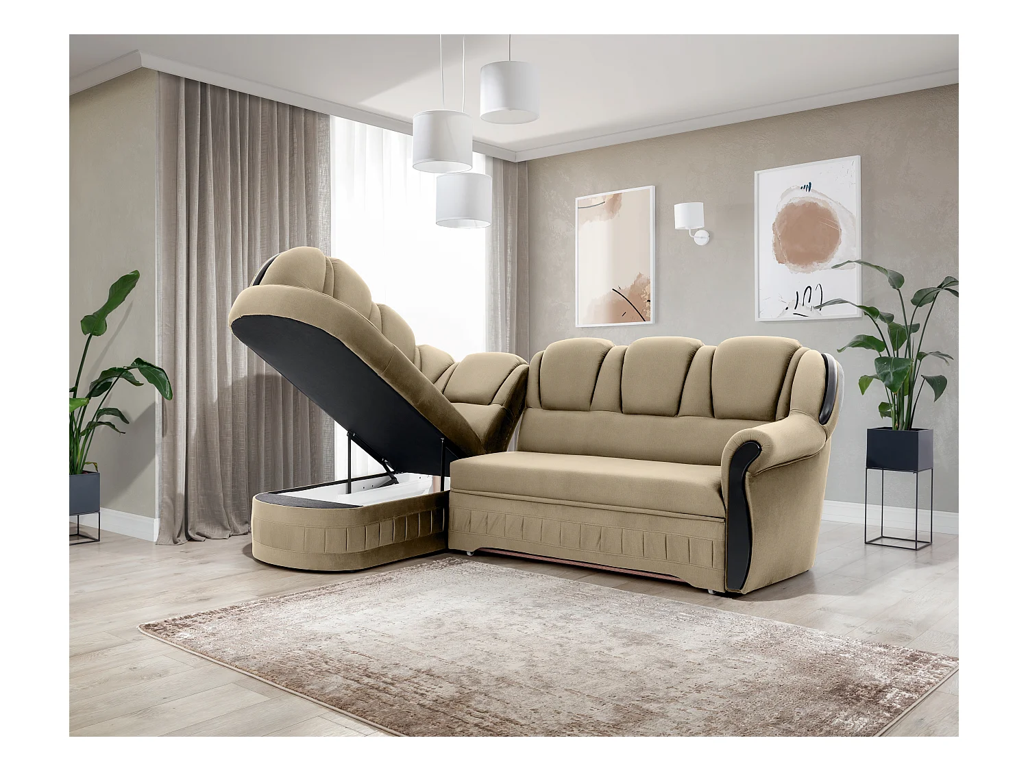 Canapé d'angle convertible avec rangement en velours Majesté-Marron clair-angle gauche