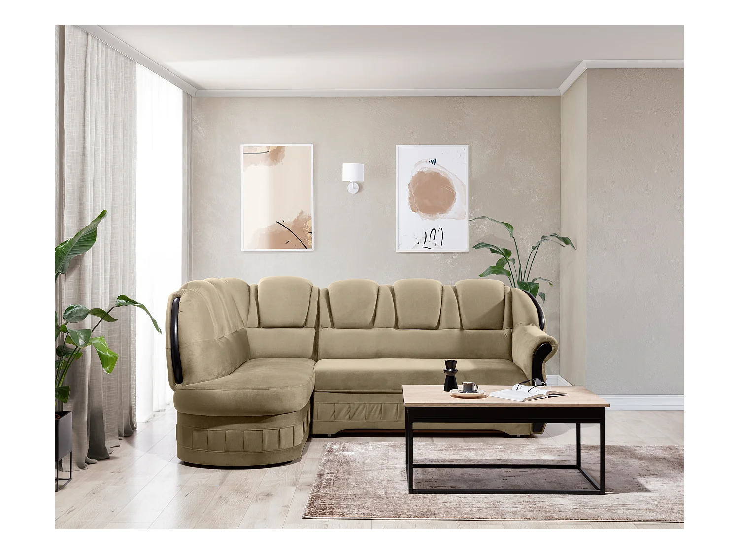 Canapé d'angle convertible avec rangement en velours Majesté-Marron clair-angle gauche