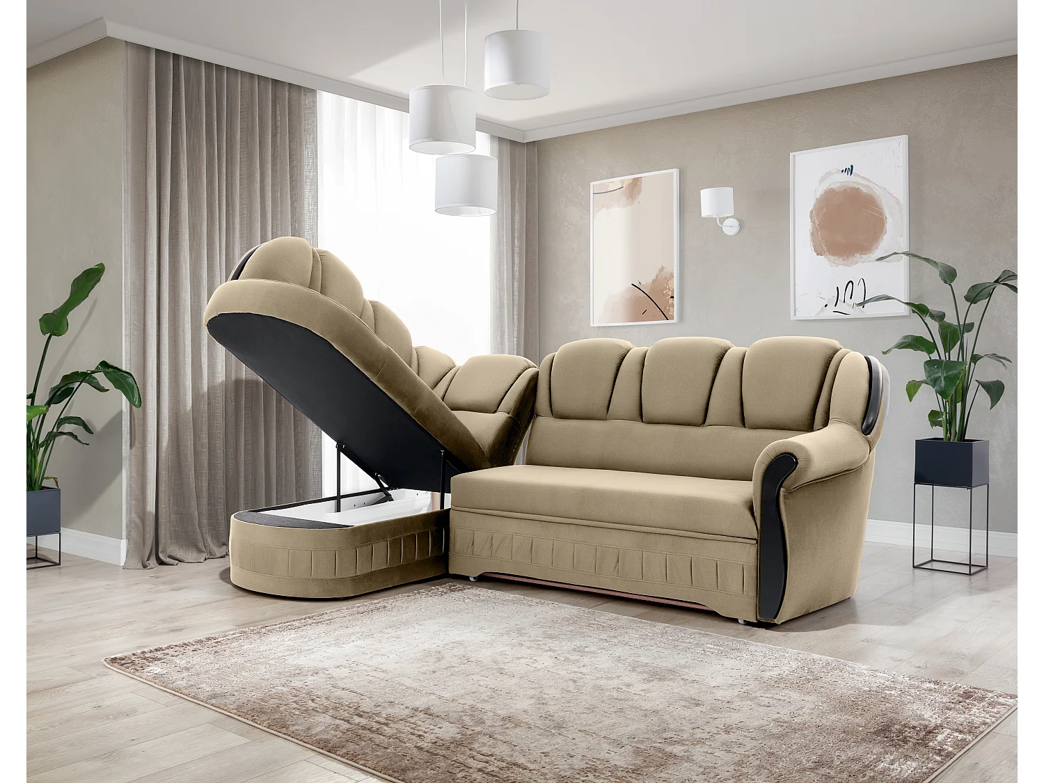 Canapé d'angle convertible avec rangement en velours Majesté-Marron clair-angle gauche