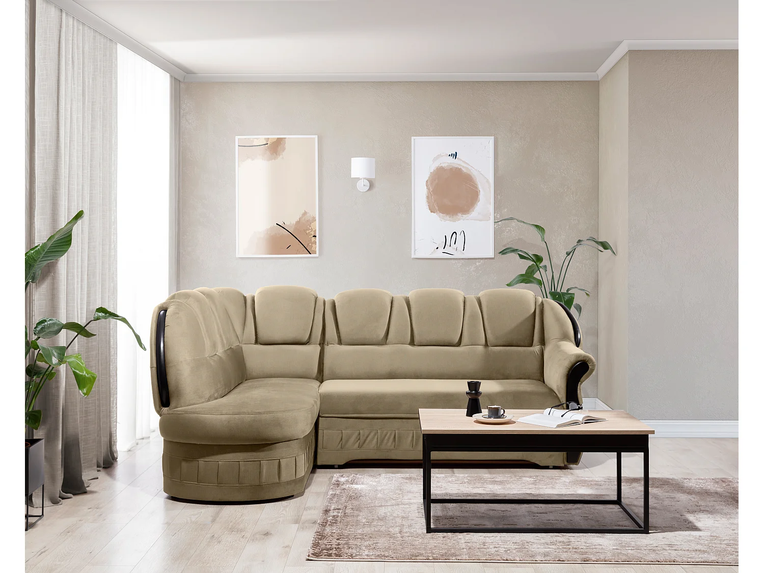 Canapé d'angle convertible avec rangement en velours Majesté-Marron clair-angle gauche