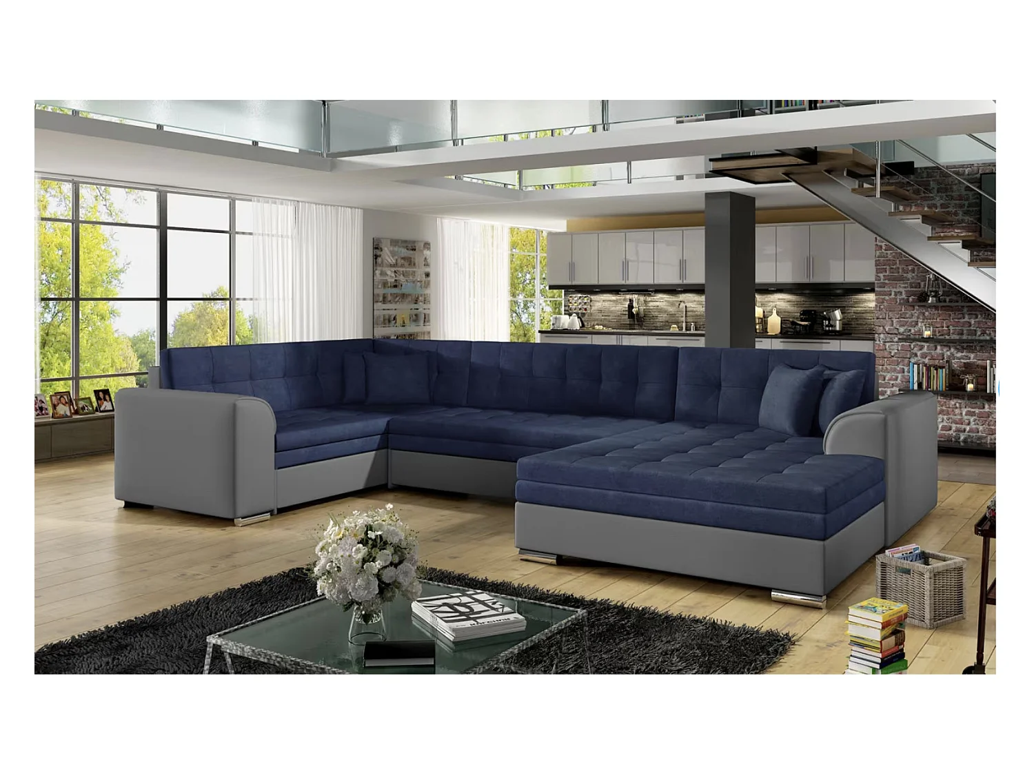 Canapé panoramique convertible DIANO velours-Gris/Bleu foncé-Méridienne A droite