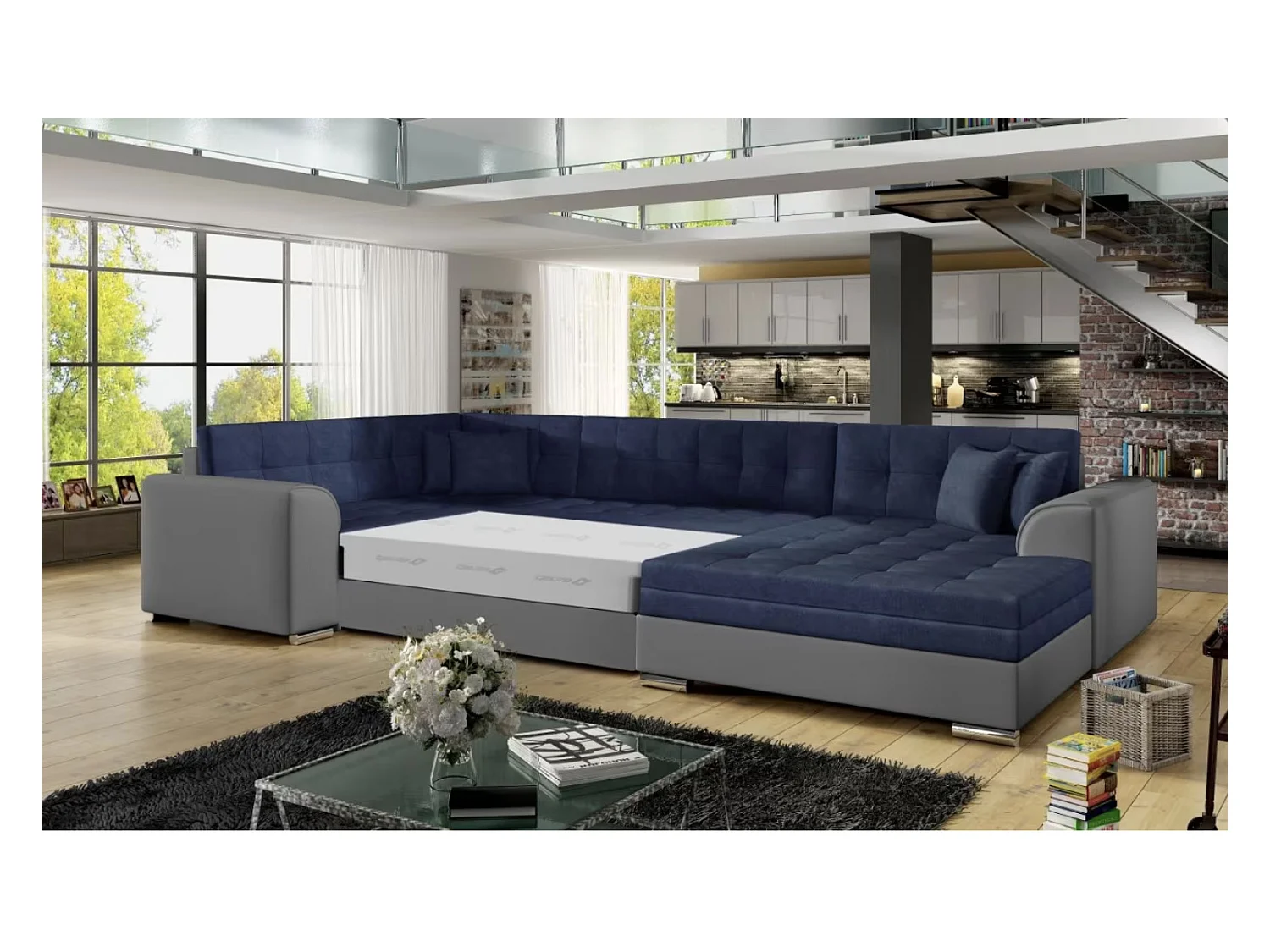 Canapé panoramique convertible DIANO velours-Gris/Bleu foncé-Méridienne A droite