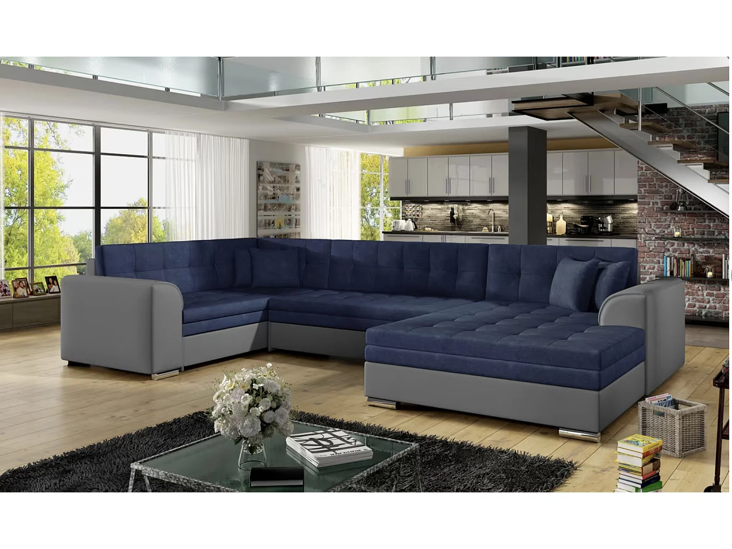 Canapé panoramique convertible DIANO velours-Gris/Bleu foncé-Méridienne A droite