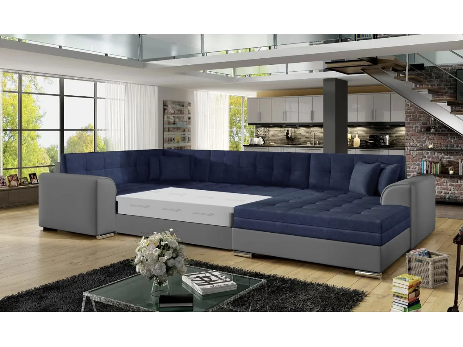 Canapé panoramique convertible DIANO velours-Gris/Bleu foncé-Méridienne A droite