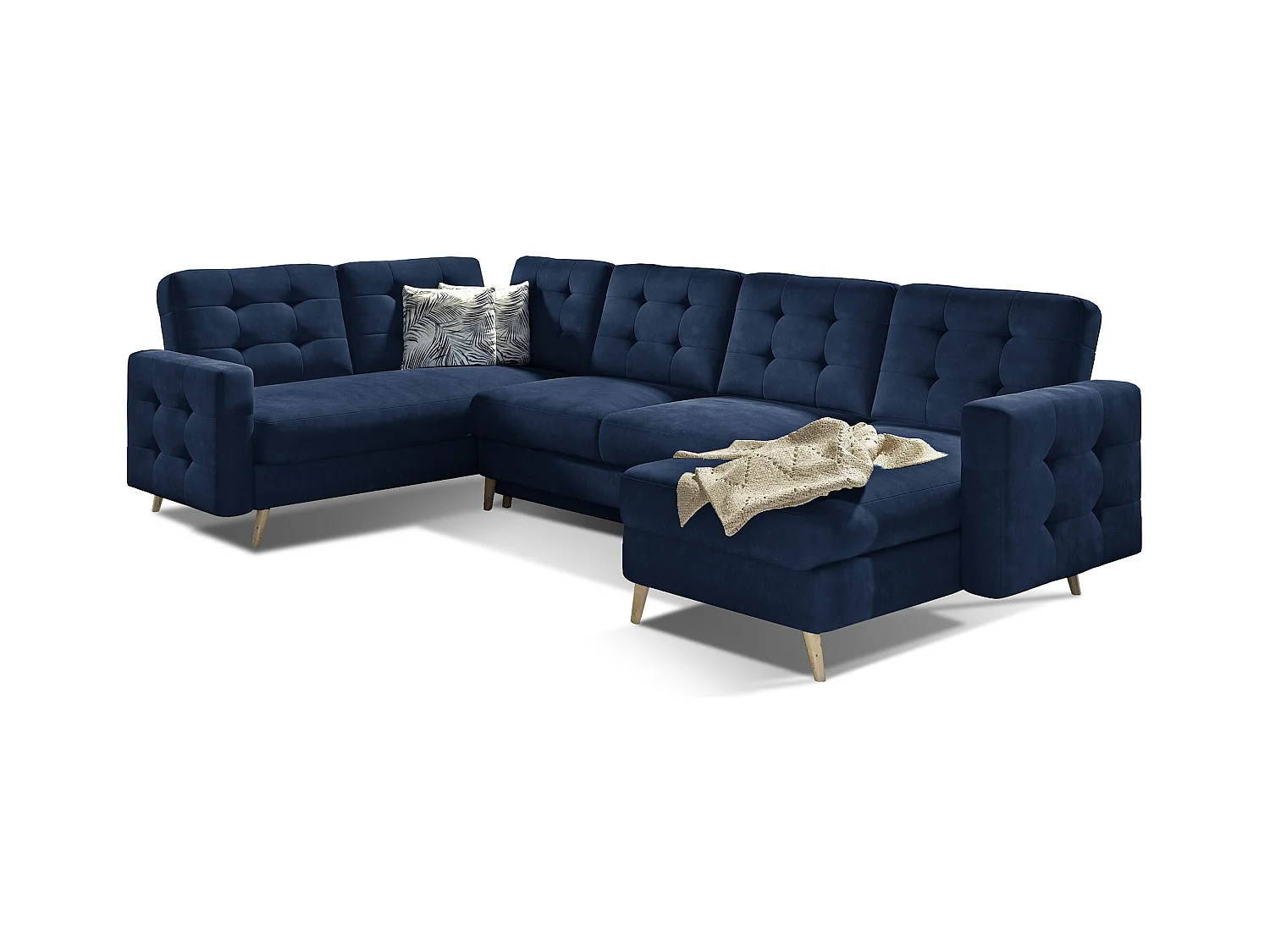 Canapé panoramique convertible ANSKA en velours - Pieds bois naturel-Bleu marine