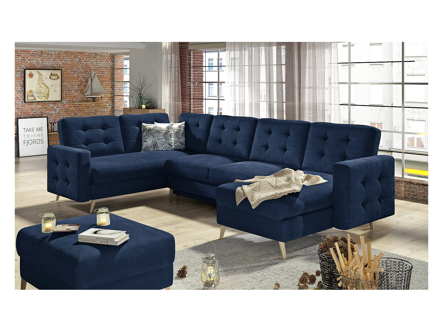 Canapé panoramique convertible ANSKA en velours - Pieds bois naturel-Bleu marine