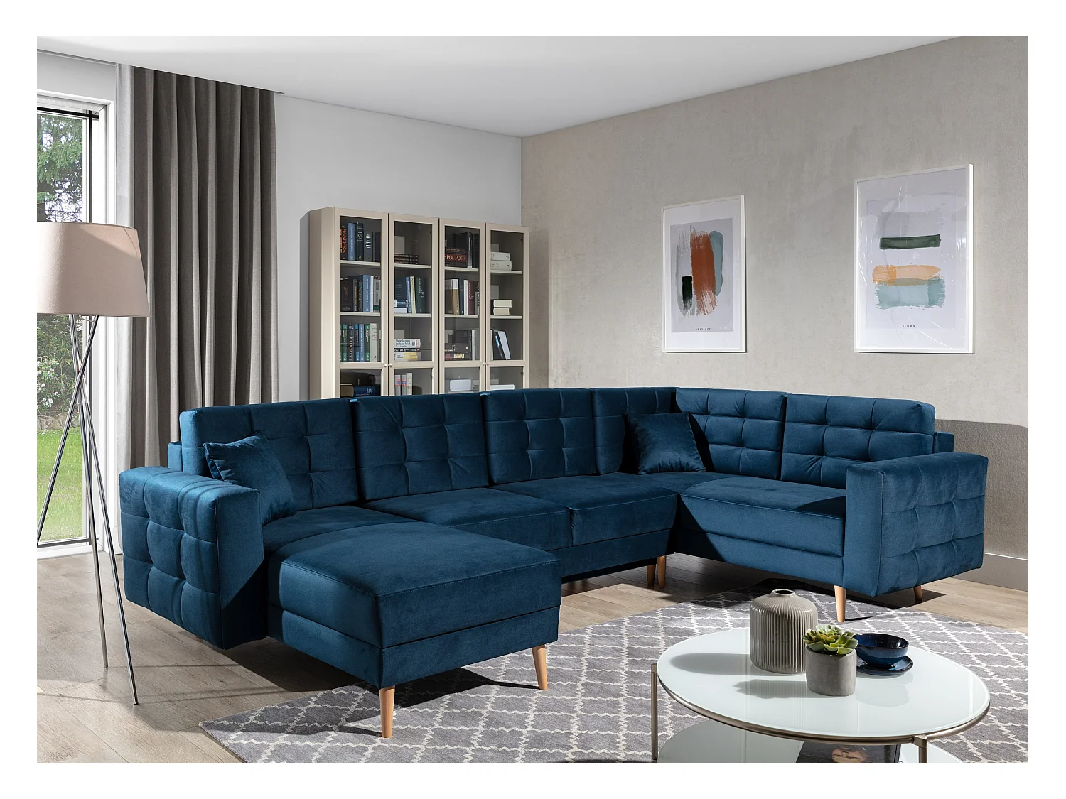 Canapé panoramique convertible ANSKA en velours - Pieds bois naturel-Bleu marine