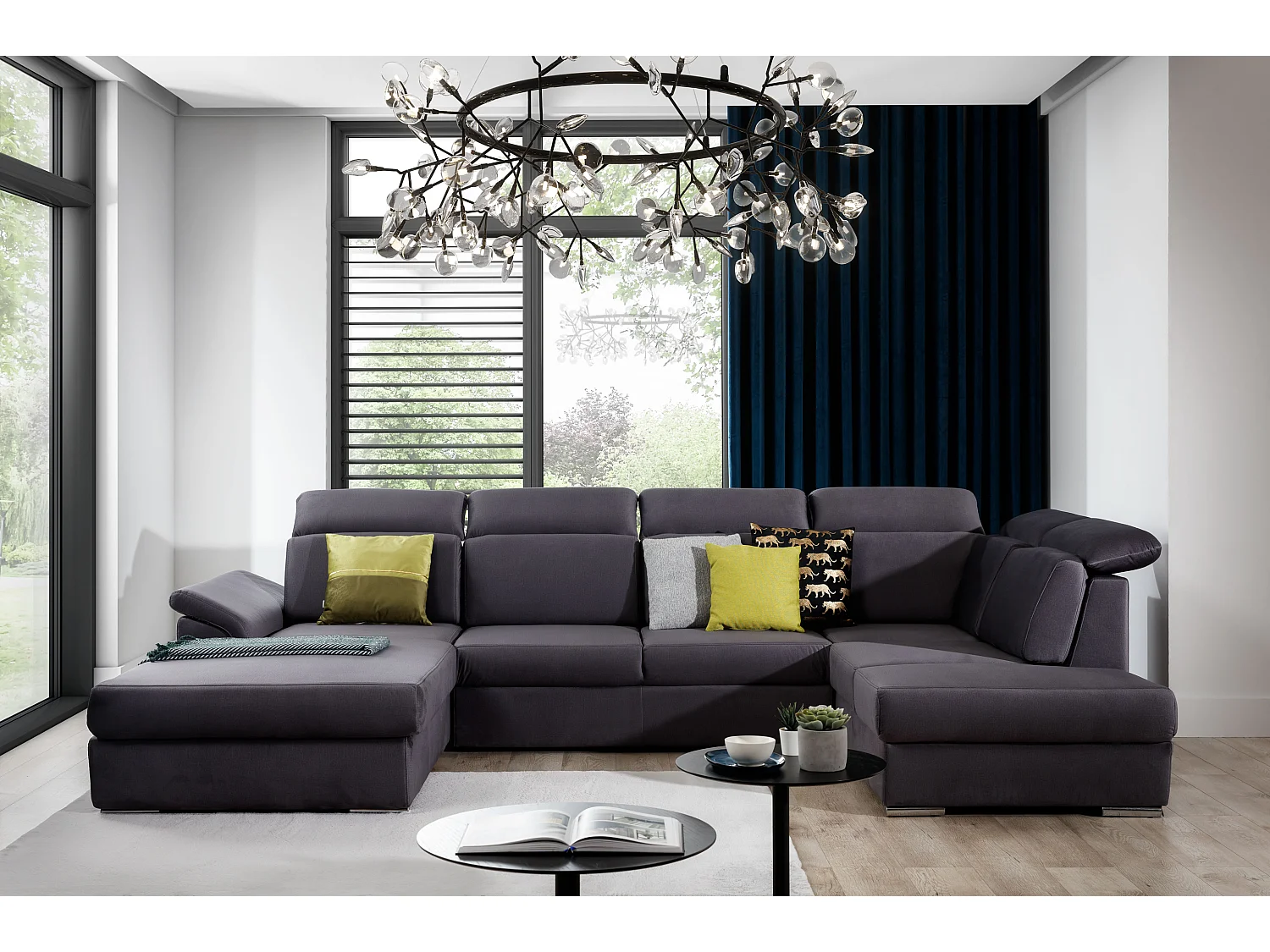 Canapé panoramique convertible LEVANO tissu - Rangement et appuie-têtes réglables-Beige clair-Coffre à gauche