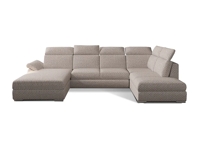 Canapé panoramique convertible LEVANO tissu - Rangement et appuie-têtes réglables-Beige clair-Coffre à gauche