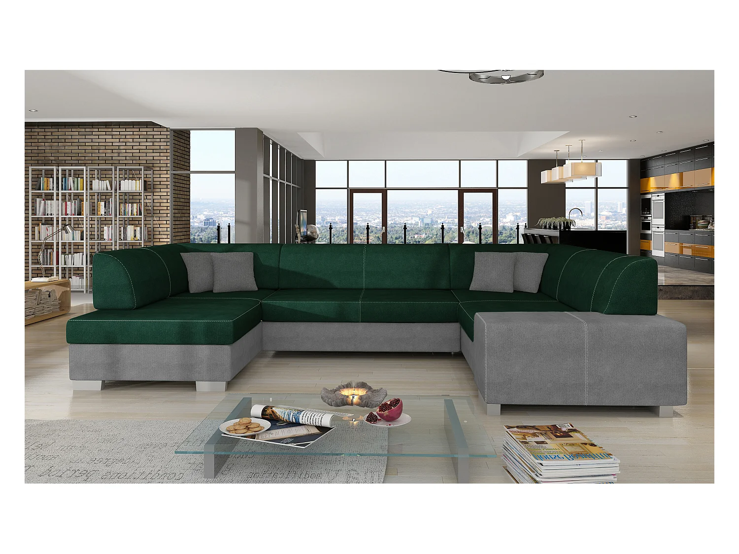 Canapé panoramique convertible HOUSTON en velours avec coffre de rangement-Gris clair/Vert-Coffre à gauche