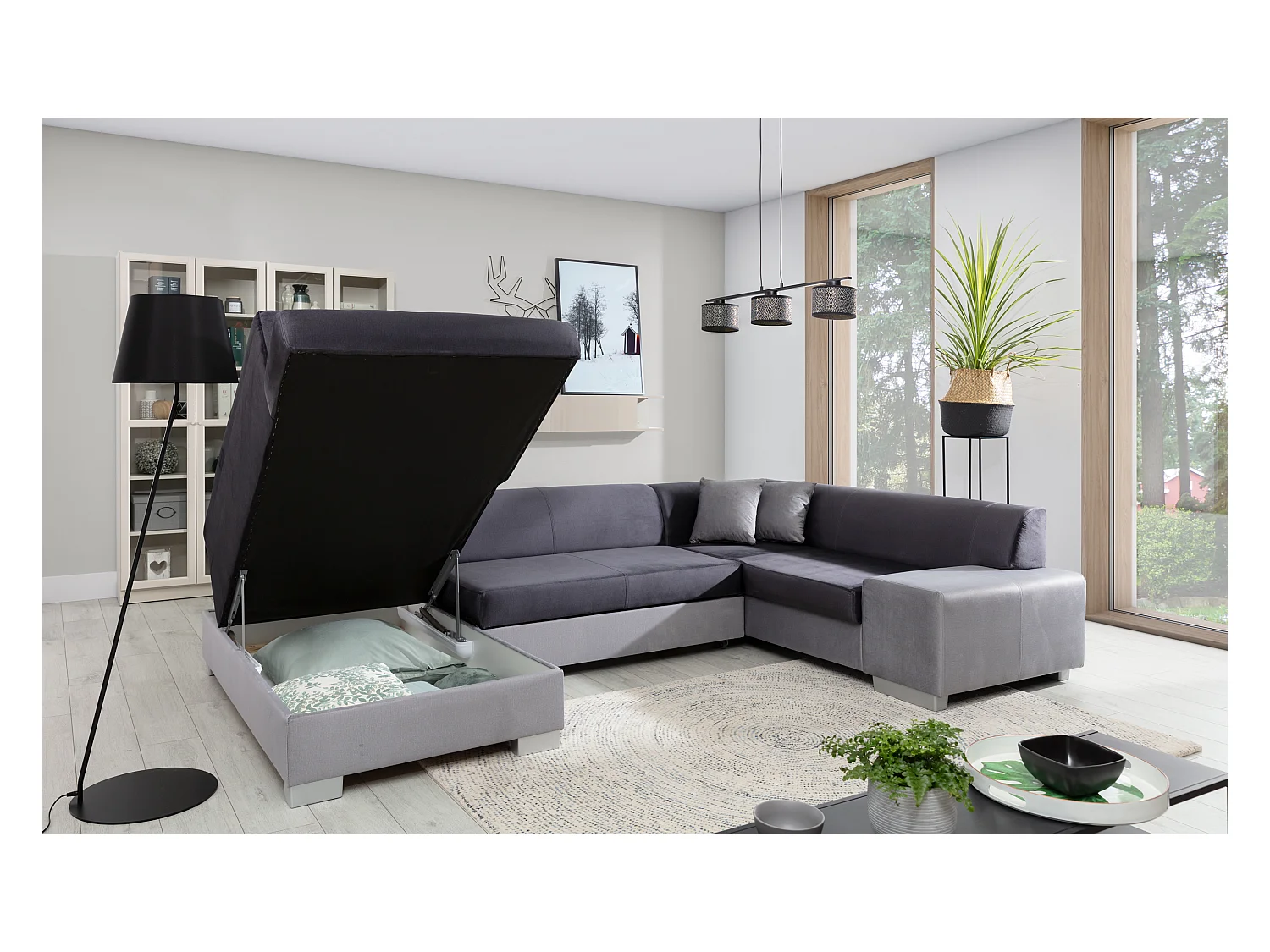 Canapé panoramique convertible HOUSTON en velours avec coffre de rangement-Gris clair/Vert-Coffre à gauche