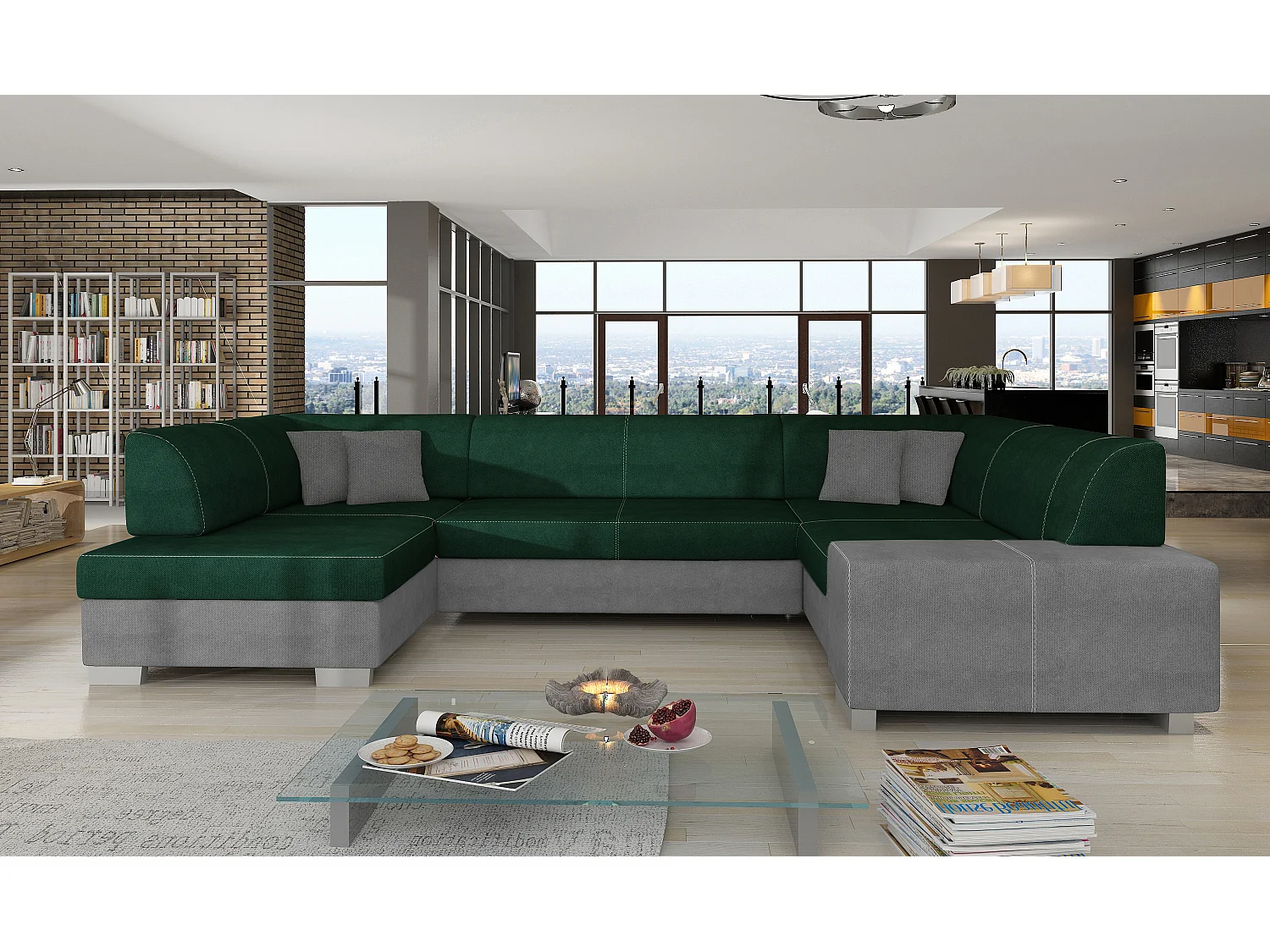 Canapé panoramique convertible HOUSTON en velours avec coffre de rangement-Gris clair/Vert-Coffre à gauche