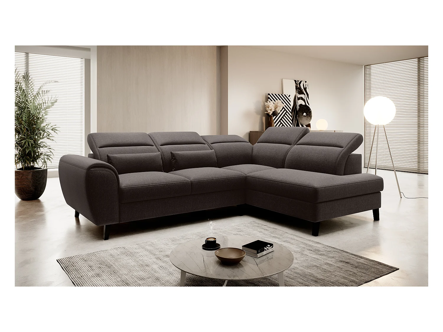 Canapé d'angle convertible avec rangement tissu NOBLESSE - Pieds bois noir-Marron foncé-angle droit