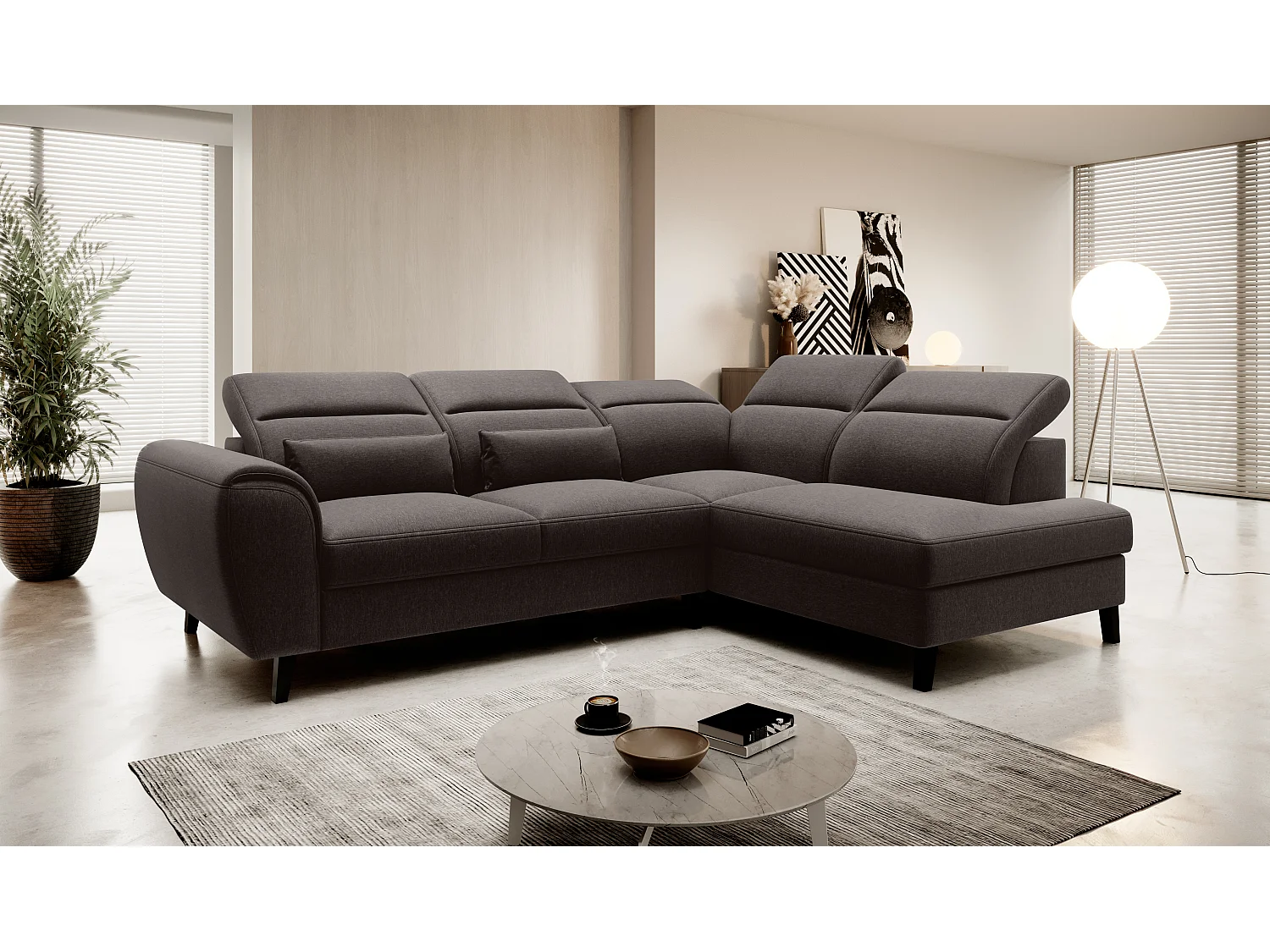 Canapé d'angle convertible avec rangement tissu NOBLESSE - Pieds bois noir-Marron foncé-angle droit