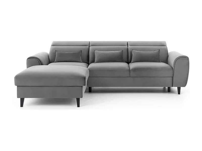 Canapé d'angle convertible velours appuis-tête réglables ASTORIA - Coffre et pieds bois noir-Gris clair-angle gauche