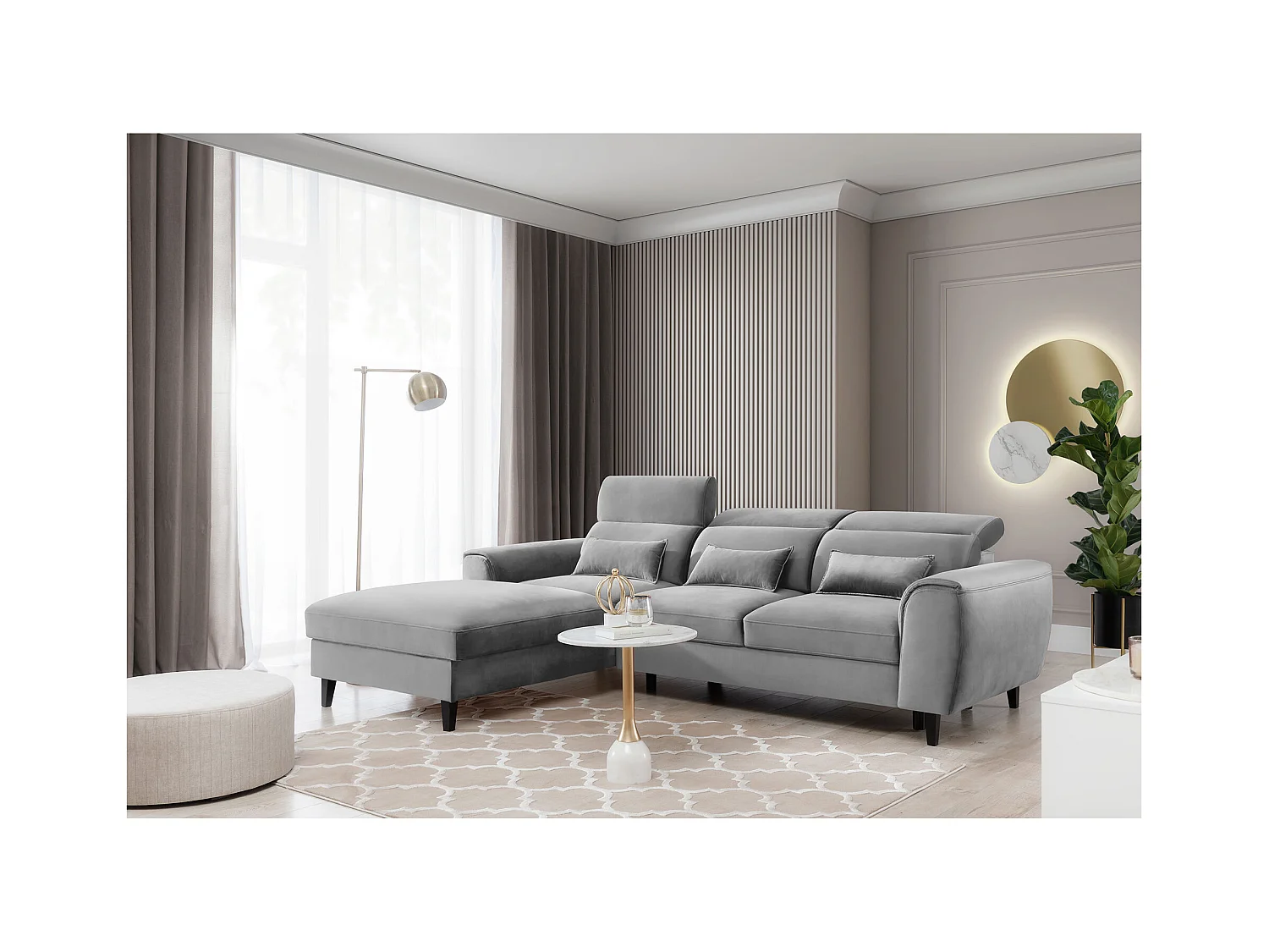 Canapé d'angle convertible velours appuis-tête réglables ASTORIA - Coffre et pieds bois noir-Gris clair-angle gauche