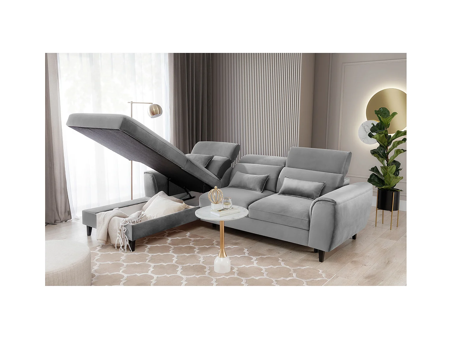 Canapé d'angle convertible velours appuis-tête réglables ASTORIA - Coffre et pieds bois noir-Gris clair-angle gauche