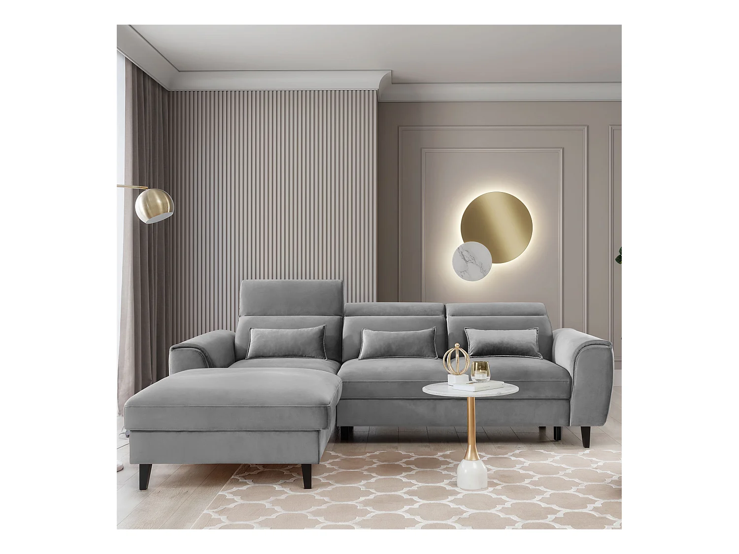 Canapé d'angle convertible velours appuis-tête réglables ASTORIA - Coffre et pieds bois noir-Gris clair-angle gauche