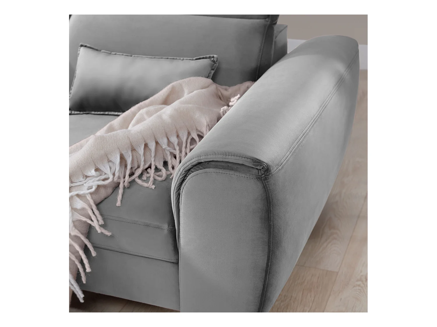 Canapé d'angle convertible velours appuis-tête réglables ASTORIA - Coffre et pieds bois noir-Gris clair-angle gauche