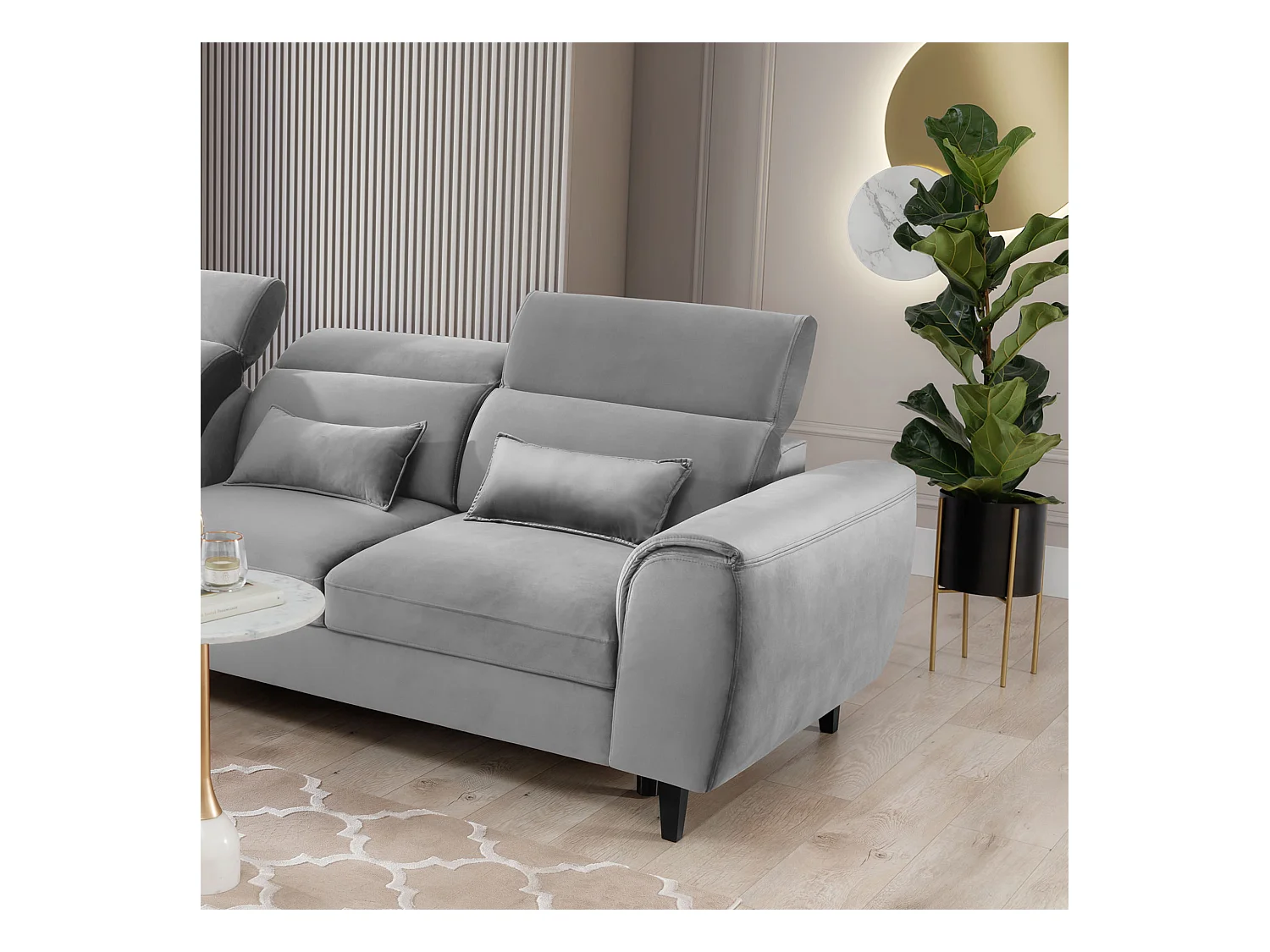 Canapé d'angle convertible velours appuis-tête réglables ASTORIA - Coffre et pieds bois noir-Gris clair-angle gauche