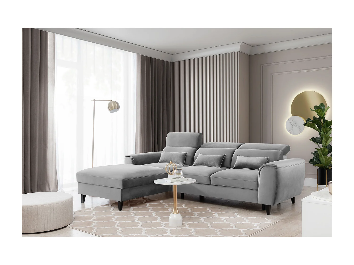 Canapé d'angle convertible velours appuis-tête réglables ASTORIA - Coffre et pieds bois noir-Gris clair-angle gauche