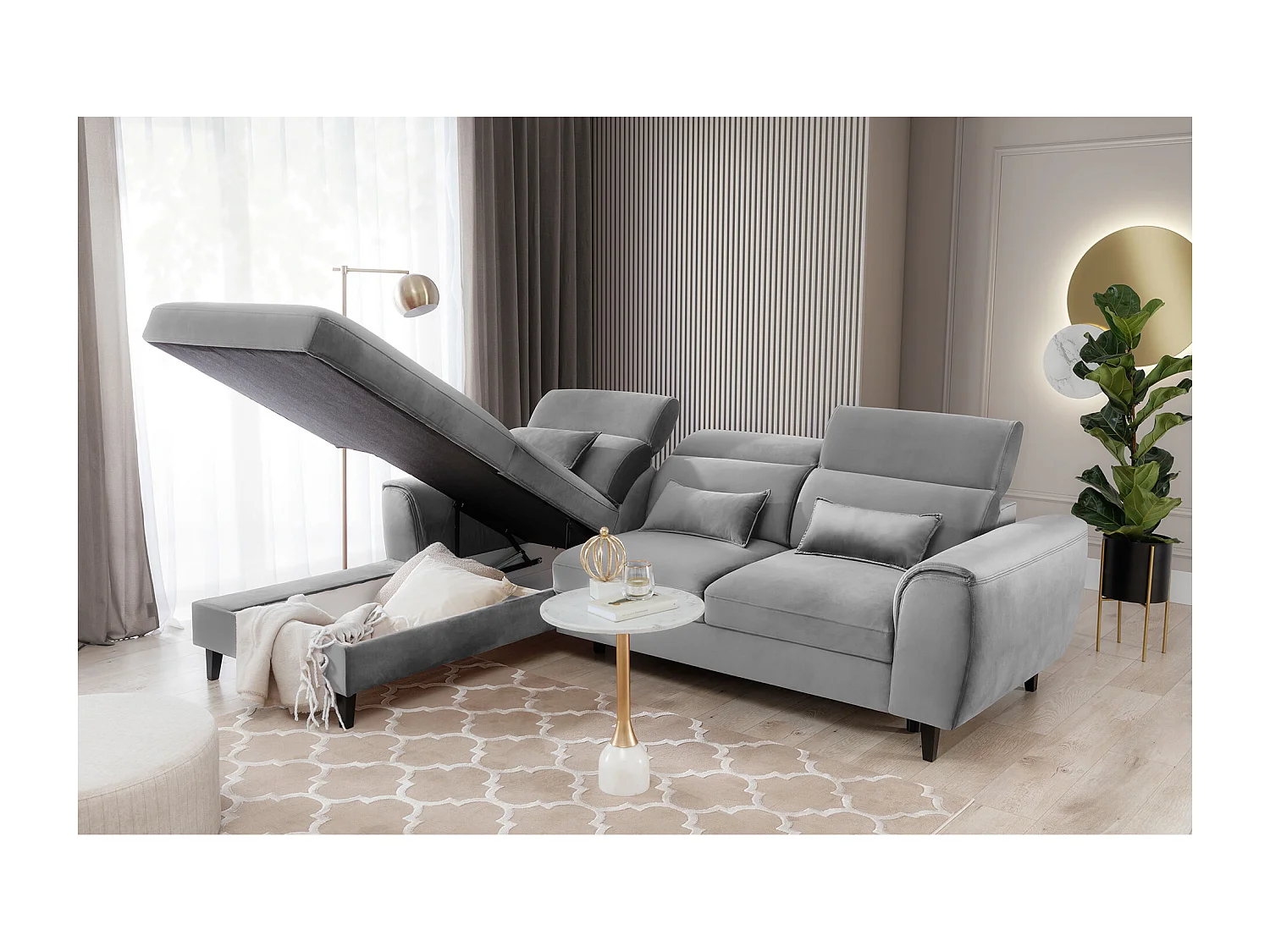 Canapé d'angle convertible velours appuis-tête réglables ASTORIA - Coffre et pieds bois noir-Gris clair-angle gauche