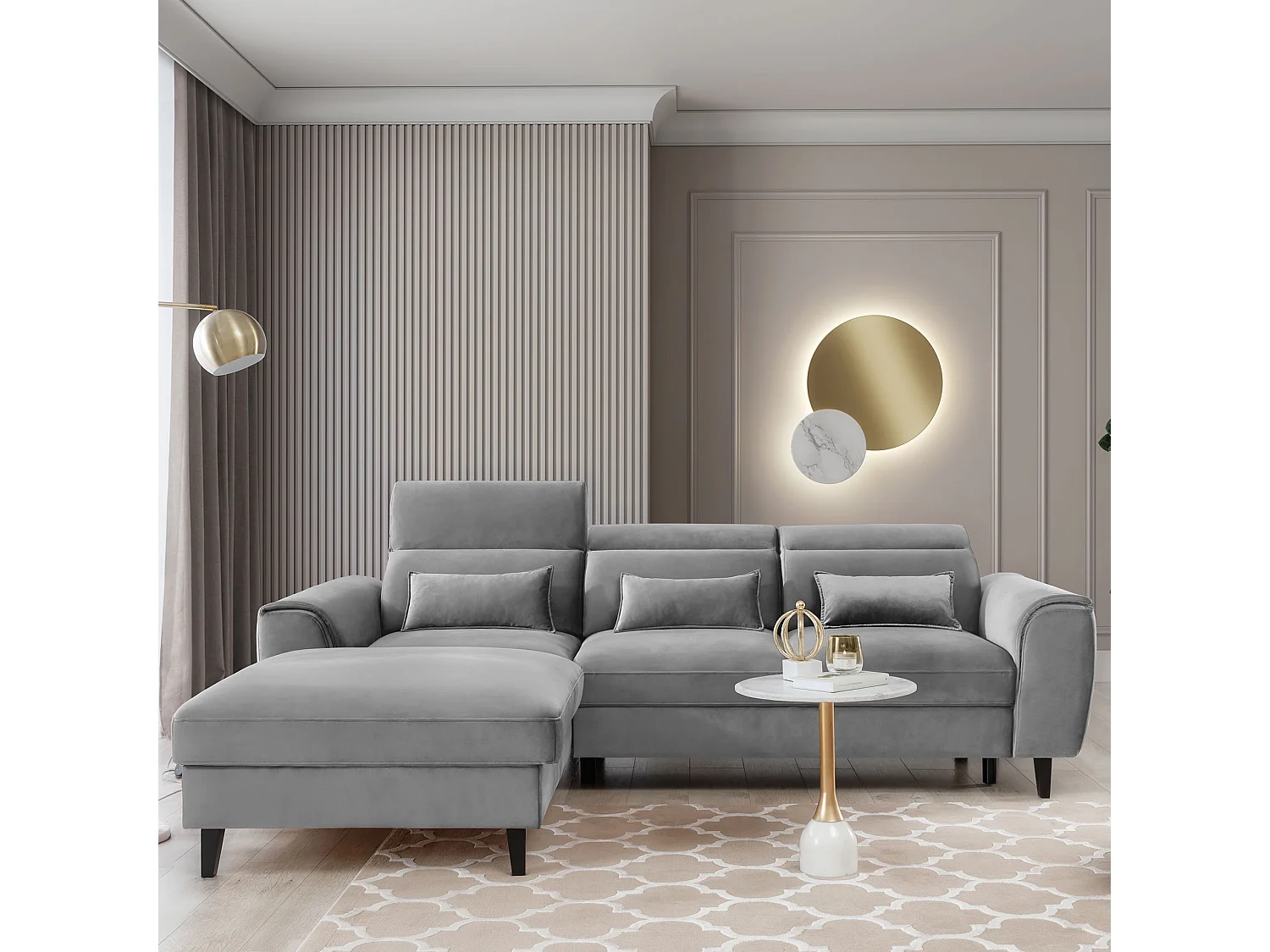 Canapé d'angle convertible velours appuis-tête réglables ASTORIA - Coffre et pieds bois noir-Gris clair-angle gauche