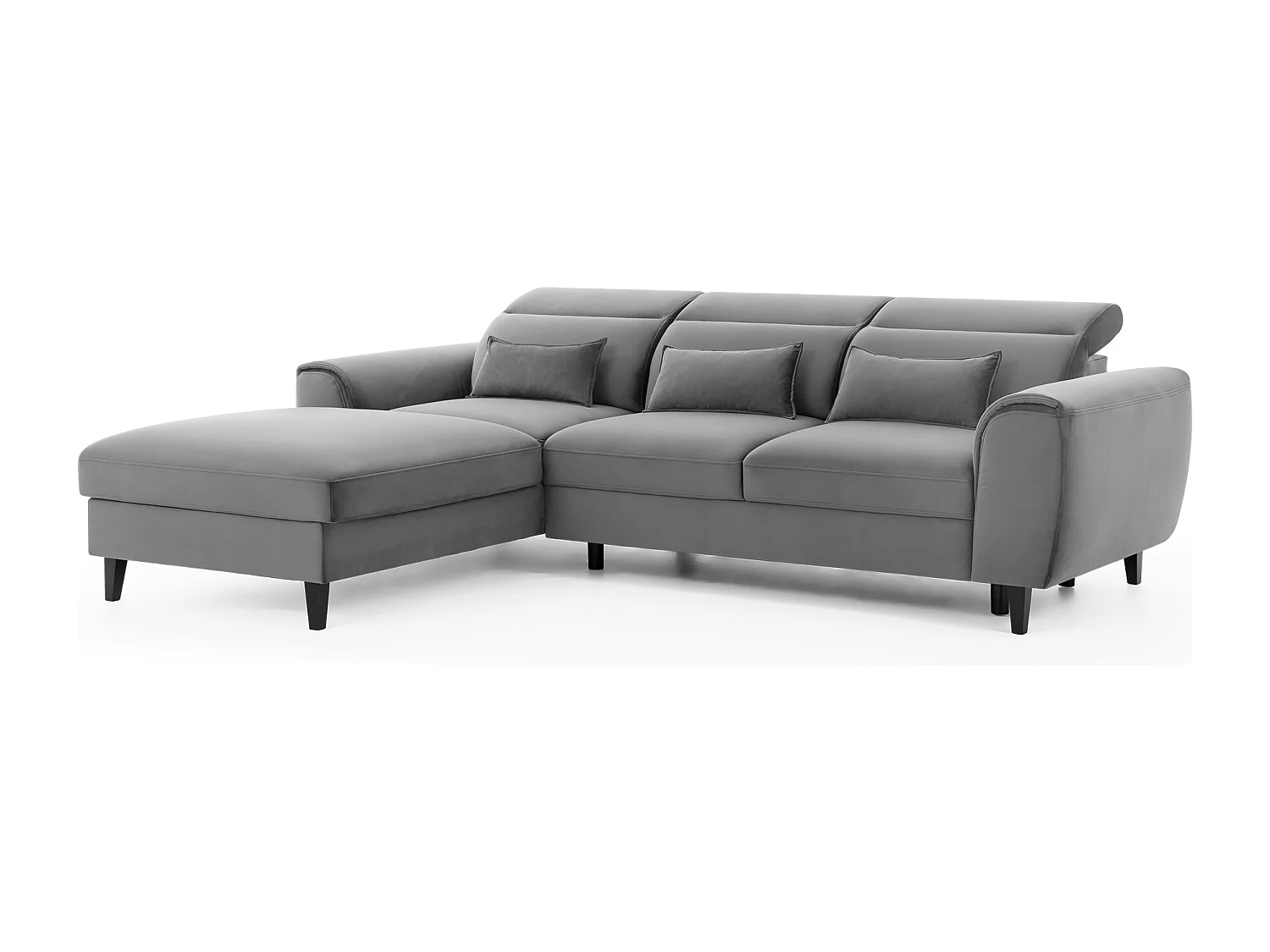 Canapé d'angle convertible velours appuis-tête réglables ASTORIA - Coffre et pieds bois noir-Gris clair-angle gauche