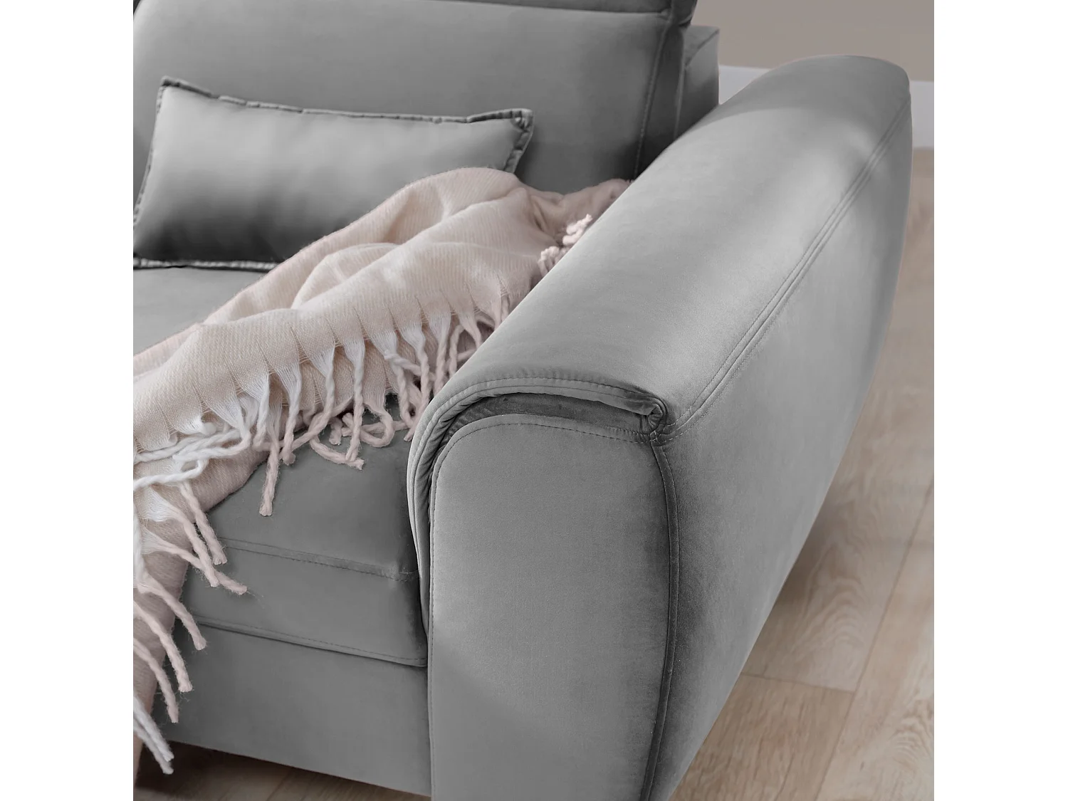 Canapé d'angle convertible velours appuis-tête réglables ASTORIA - Coffre et pieds bois noir-Gris clair-angle gauche