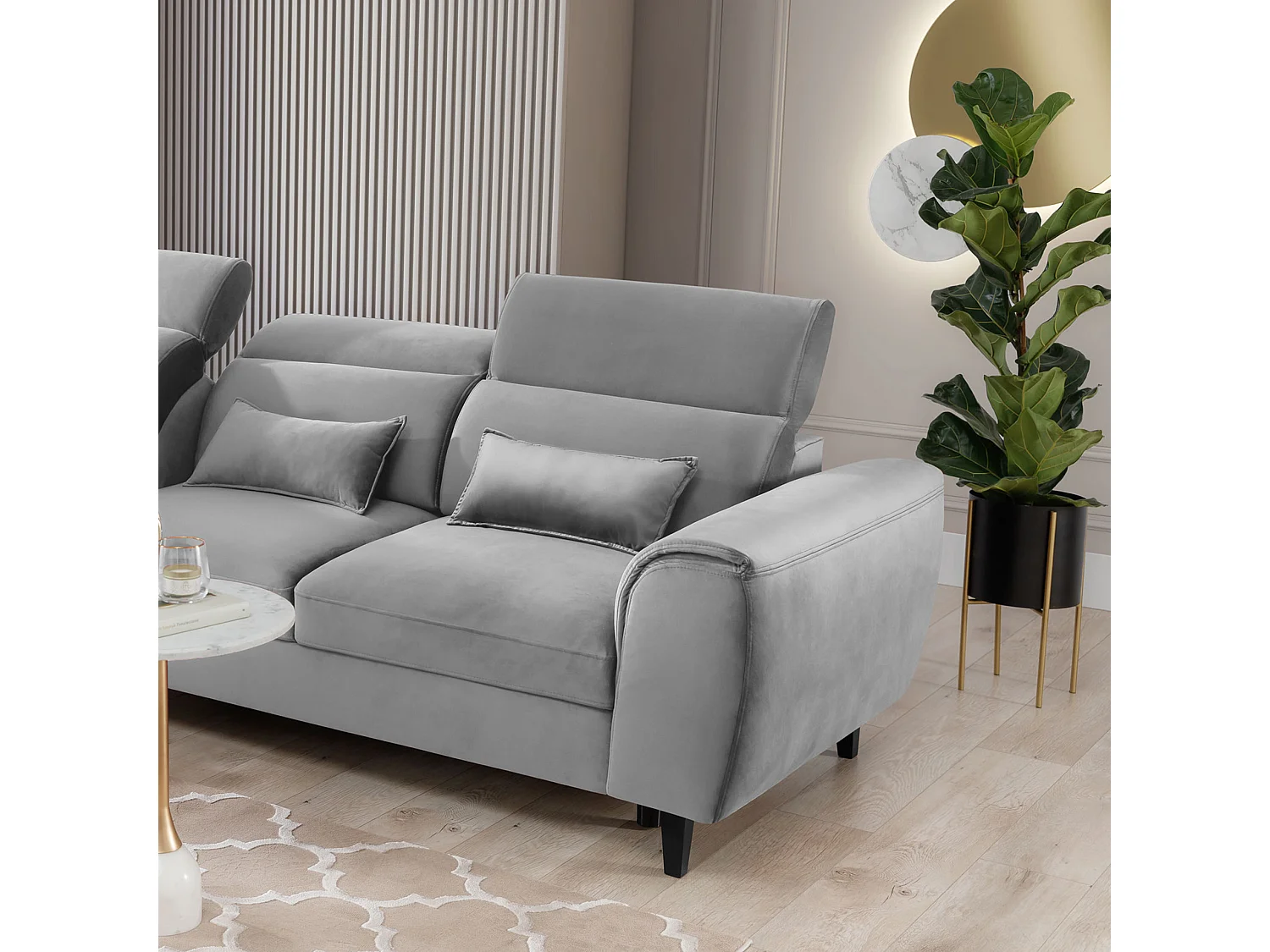 Canapé d'angle convertible velours appuis-tête réglables ASTORIA - Coffre et pieds bois noir-Gris clair-angle gauche