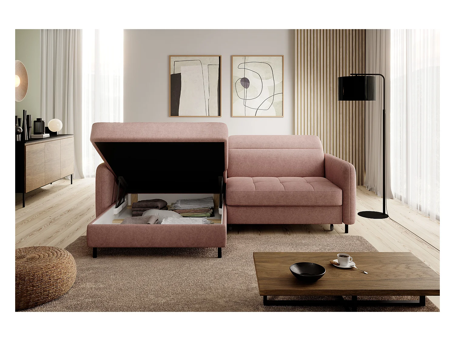 Petit canapé d’angle convertible tissu Kunder-Saumon-angle gauche