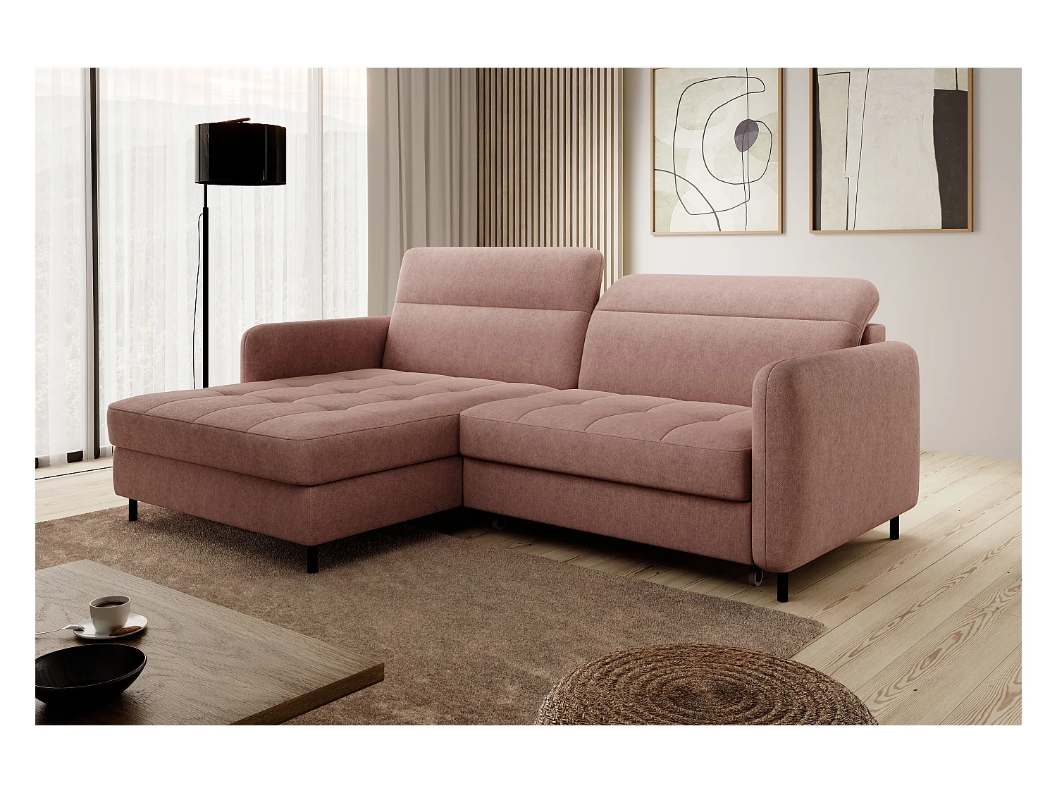 Petit canapé d’angle convertible tissu Kunder-Saumon-angle gauche