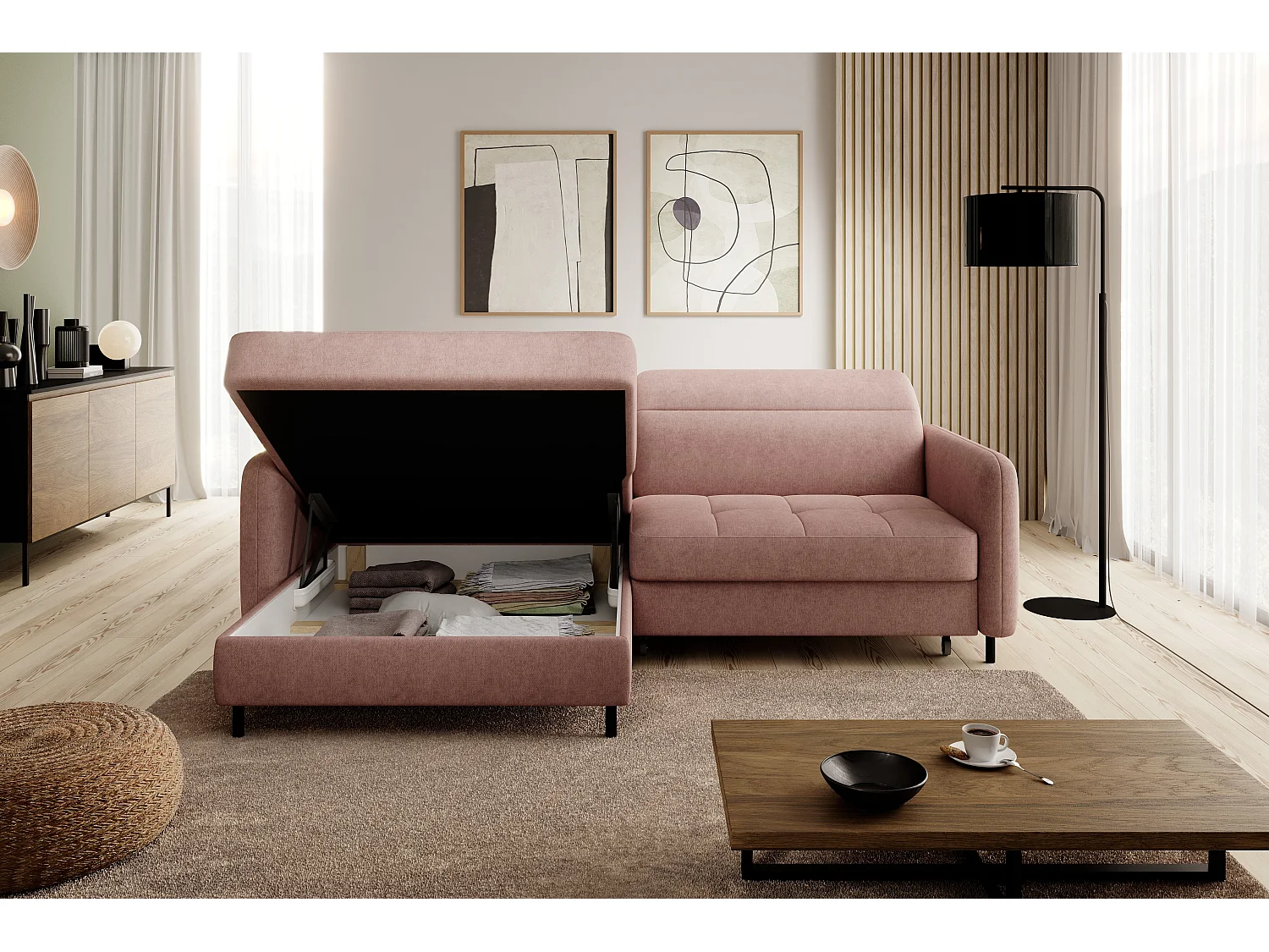 Petit canapé d’angle convertible tissu Kunder-Saumon-angle gauche