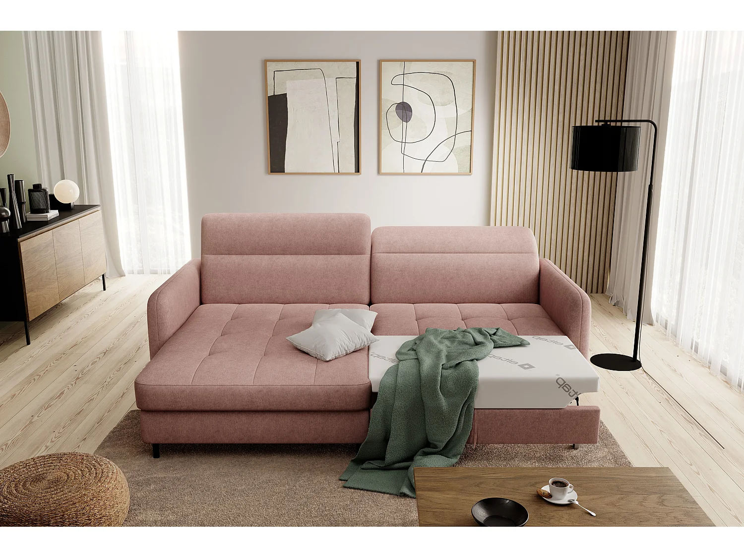 Petit canapé d’angle convertible tissu Kunder-Saumon-angle gauche