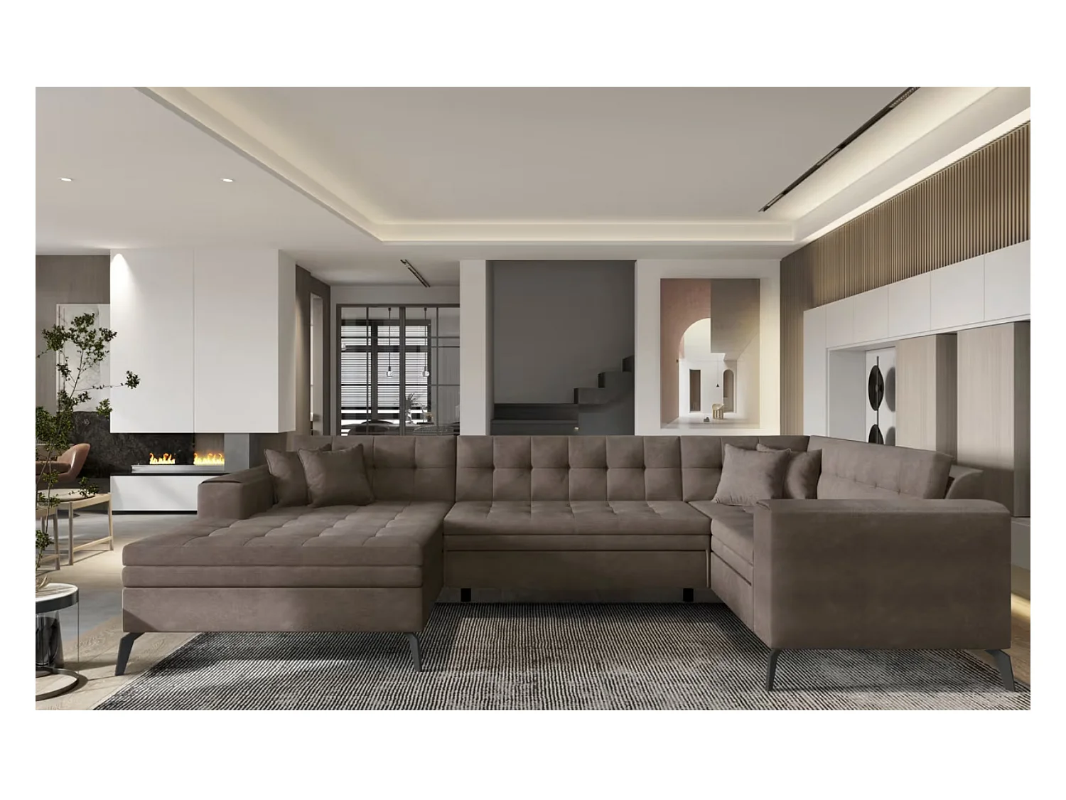 BONTY converteerbare panoramische bank in gewatteerde stof-Kleur Bruin-Dagbed Naar links