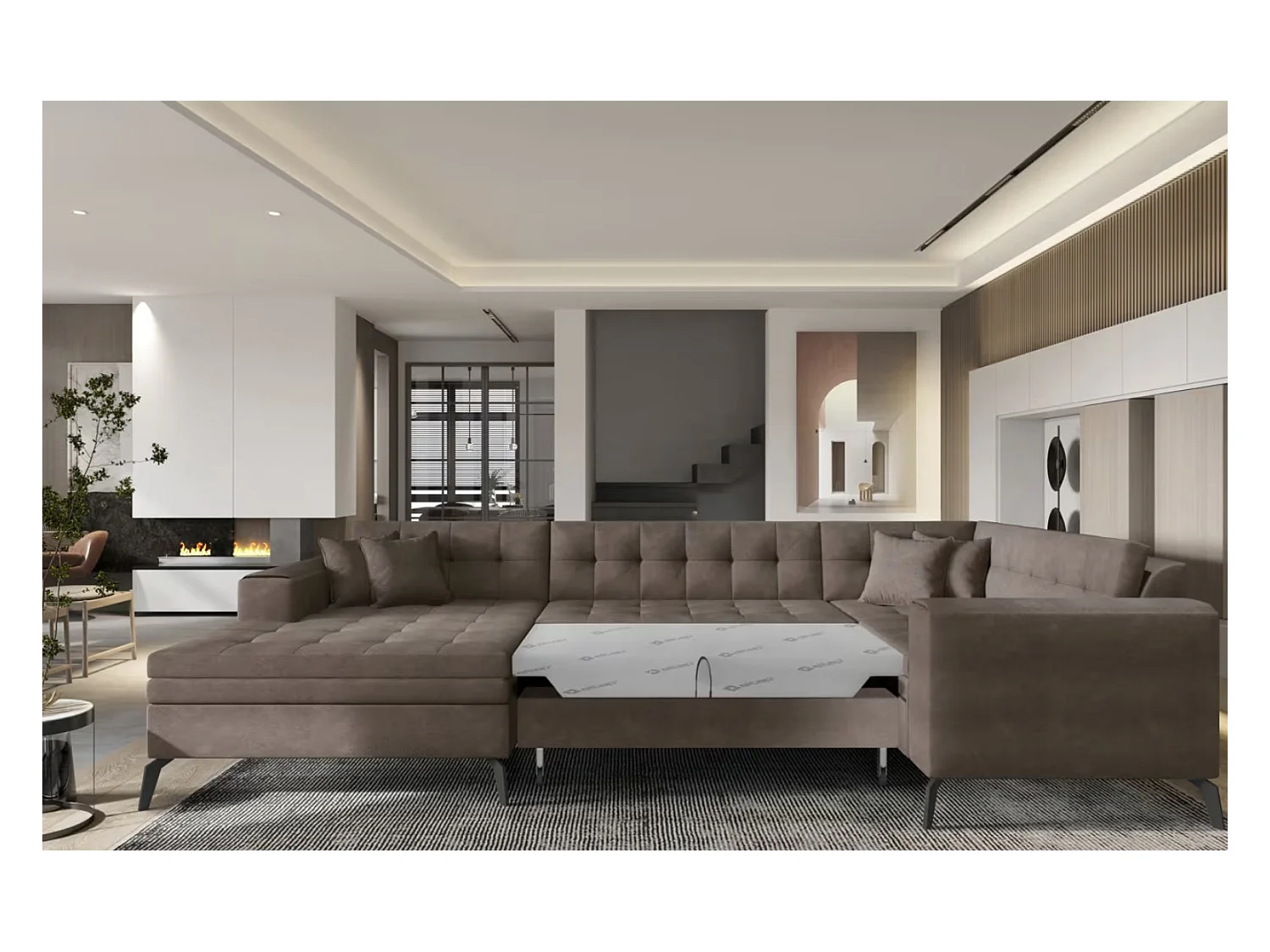 BONTY converteerbare panoramische bank in gewatteerde stof-Kleur Bruin-Dagbed Naar links