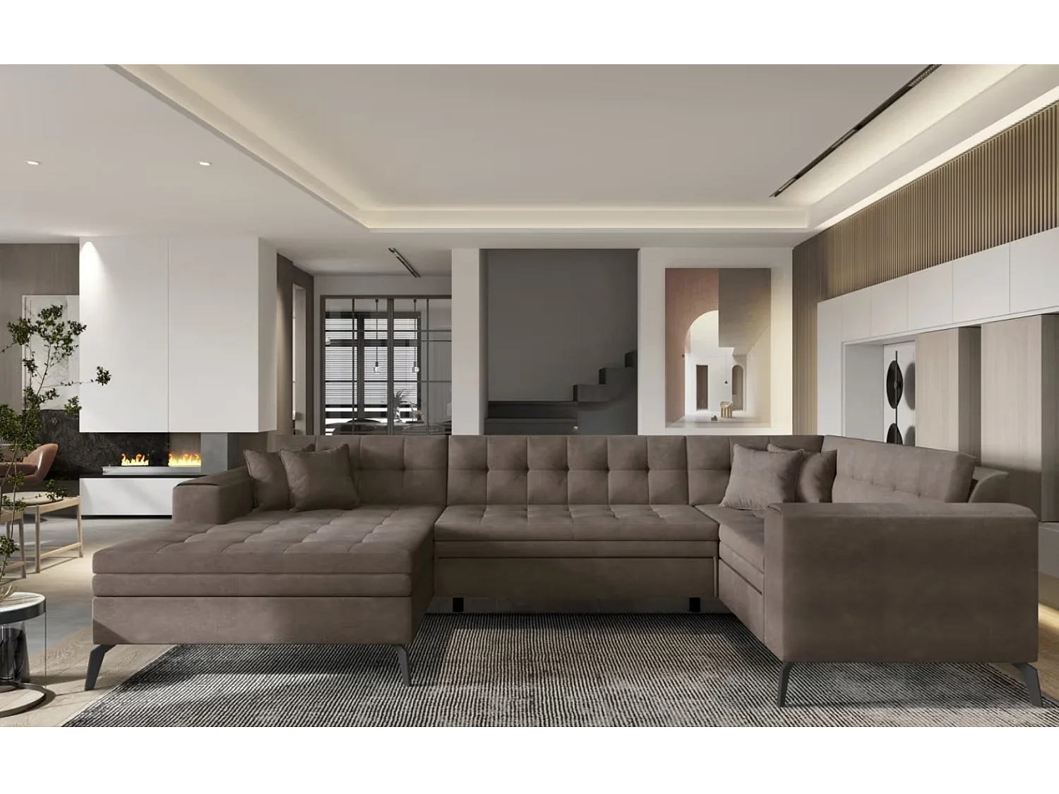 Canapé panoramique convertible BONTY tissu matelassé-Marron-Méridienne A gauche