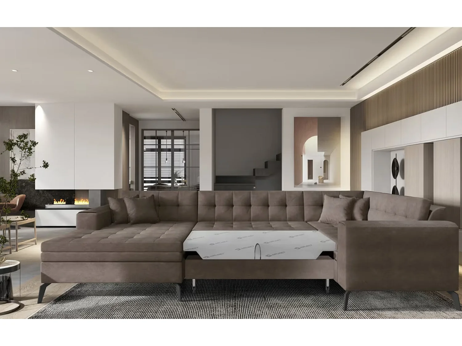 Canapé panoramique convertible BONTY tissu matelassé-Marron-Méridienne A gauche