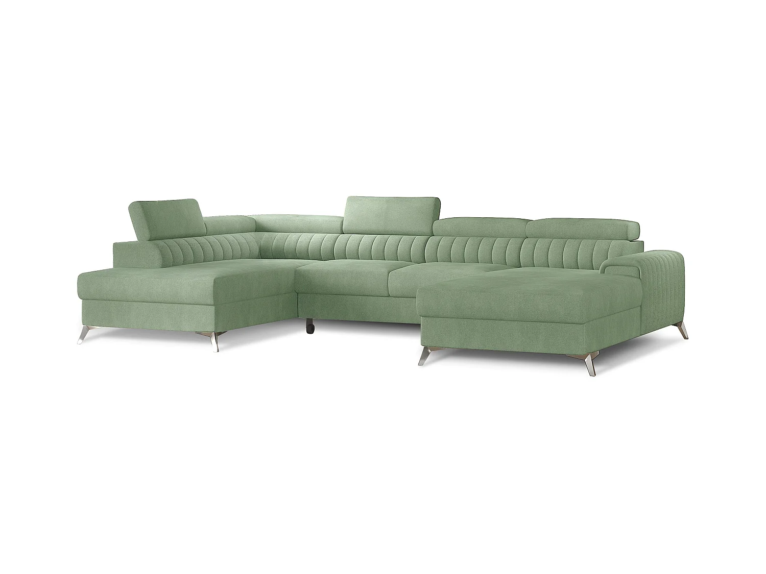 Canapé en U convertible KALANTE tissu - Coffre de rangement et appuie-têtes réglables-Vert clair-Coffre à gauche